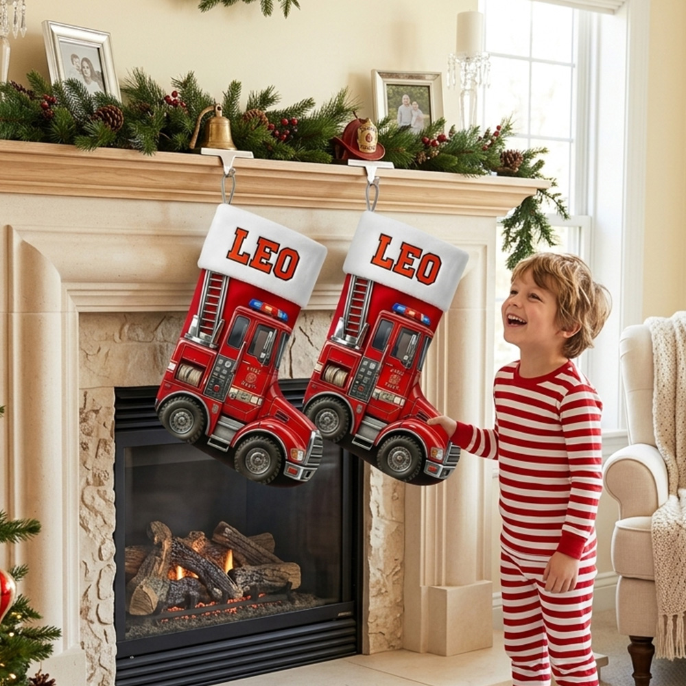 Personalized Fire Truck Christmas Stocking Custom Name Red Fire Engine Gift For Kids Toddler Boys Holiday Fireplace Mantel Decoration