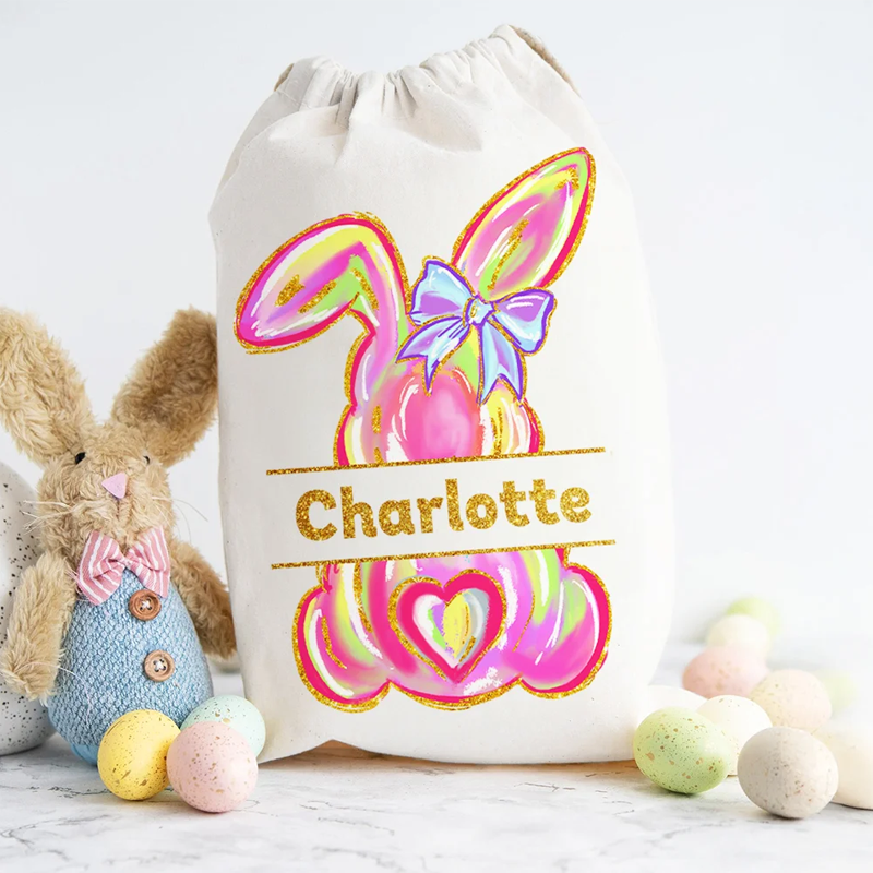 Personalized Cute Easter Bunny Drawstring Gift Bag with Name Easter Party Birthday Gift for Kids Family