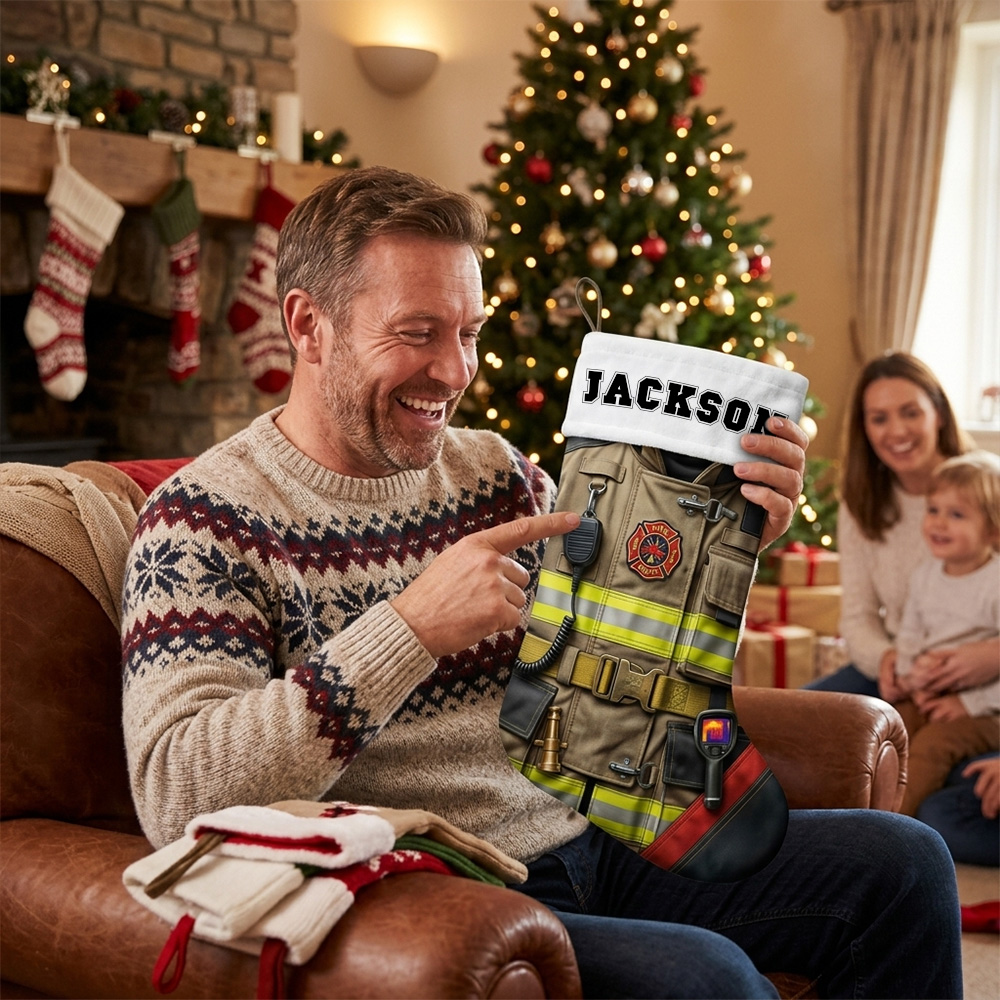 Personalized Firefighter Christmas Stocking Custom Name Fireman Turnout Gear Uniform Gift For Fire Department Hero Holiday Fireplace Mantel Decoration Gift for Dad Grandpa
