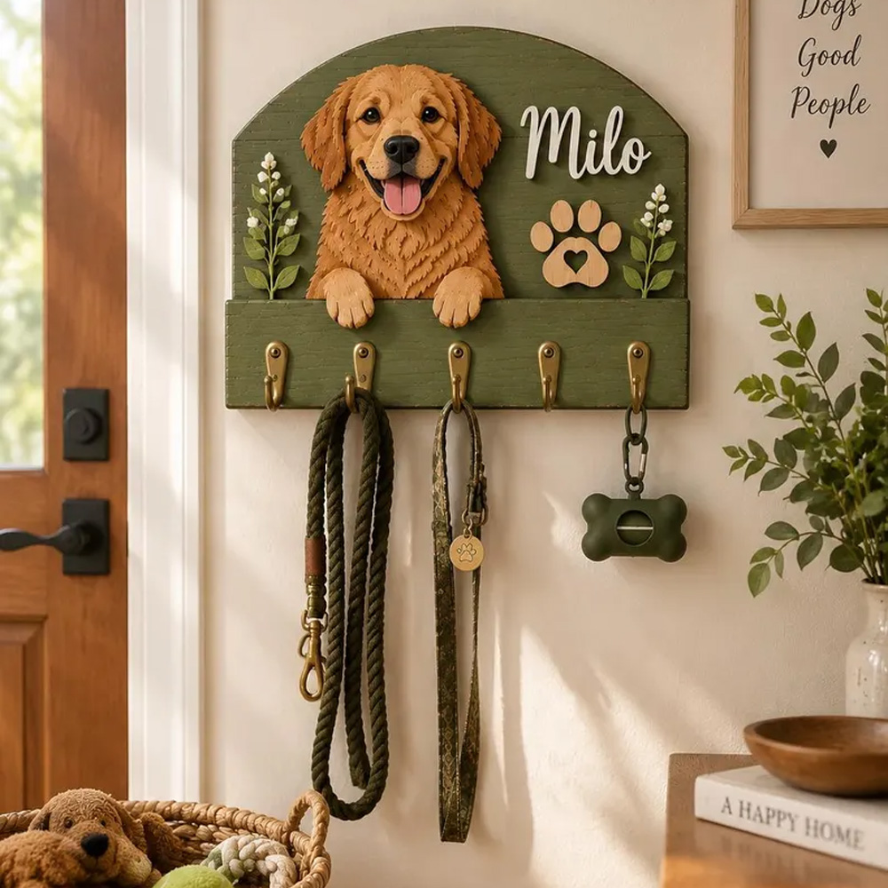 Personalized Dog Leash Holder Custom Pet Name Sign Wooden Leash Hook Dog Mom Gift Pet Wall Decor