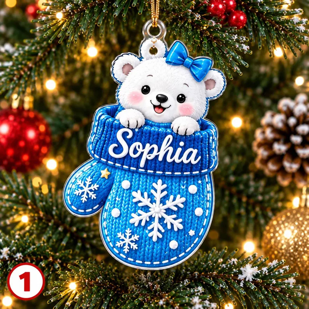 Personalized Kids Christmas Mitten Ornament Custom Name Cute Animal Bear Bunny Penguin Reindeer Gift For Child Holiday Tree Decoration