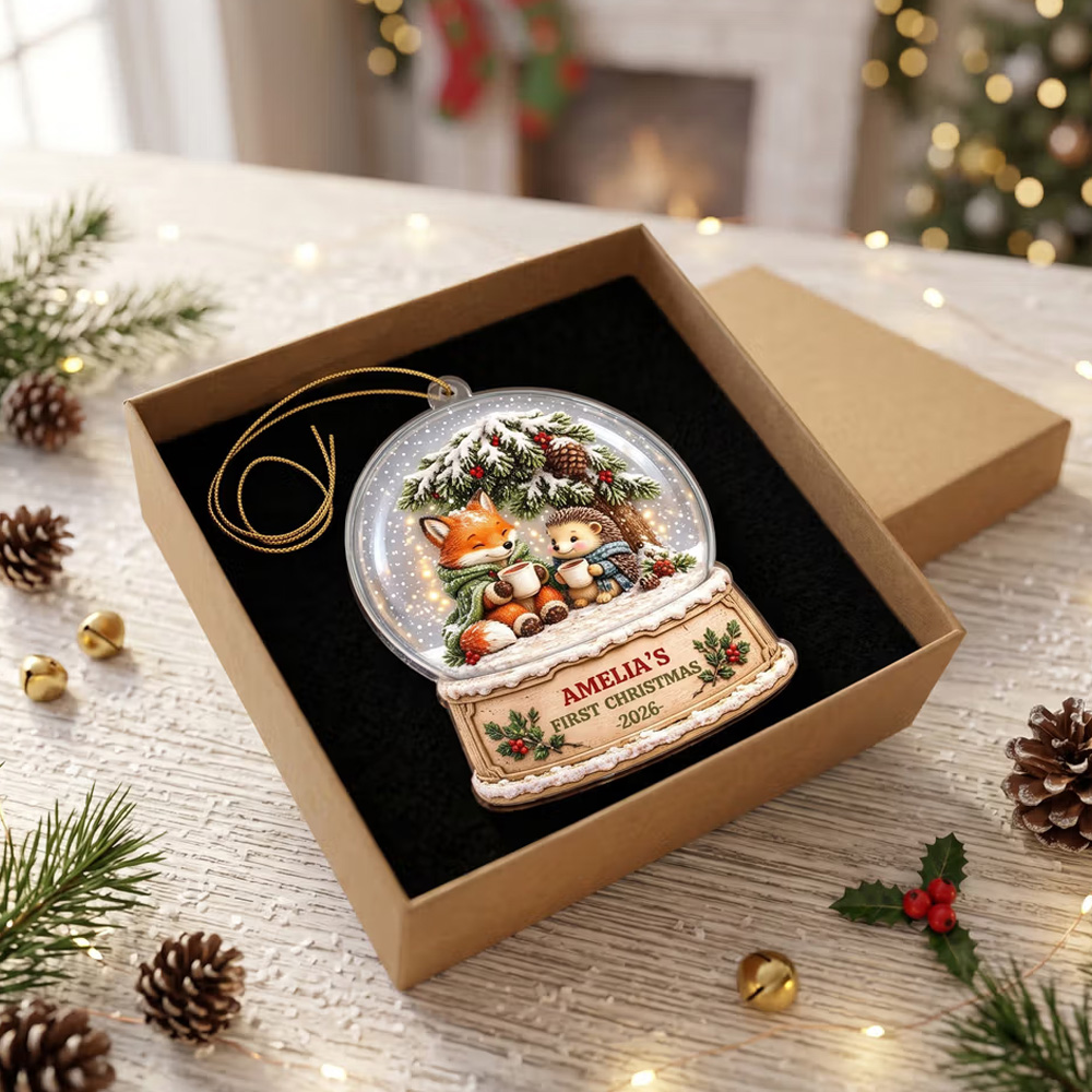 Personalized 3D-Effect Artwork Christmas Fox Hedgehog Acrylic Ornament with Name and Year Tree Decor First Christmas Gift for New Parents