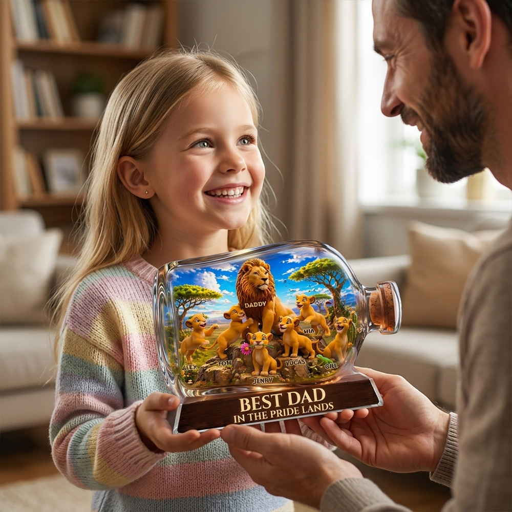 Personalized Best Dad Lion Family Bottle Gift Custom Name Safari Animal Scene For Fathers Day Birthday Christmas Desk Shelf Office Home Decoration