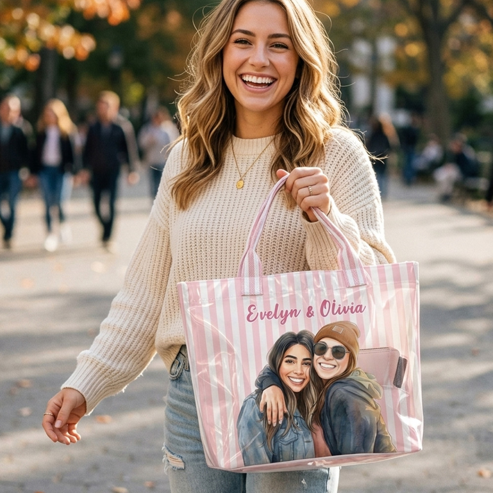 Personalized PVC Tote Bag With Custom Names Striped Vacation Gift For Women Mother Best Friends Summer Fun
