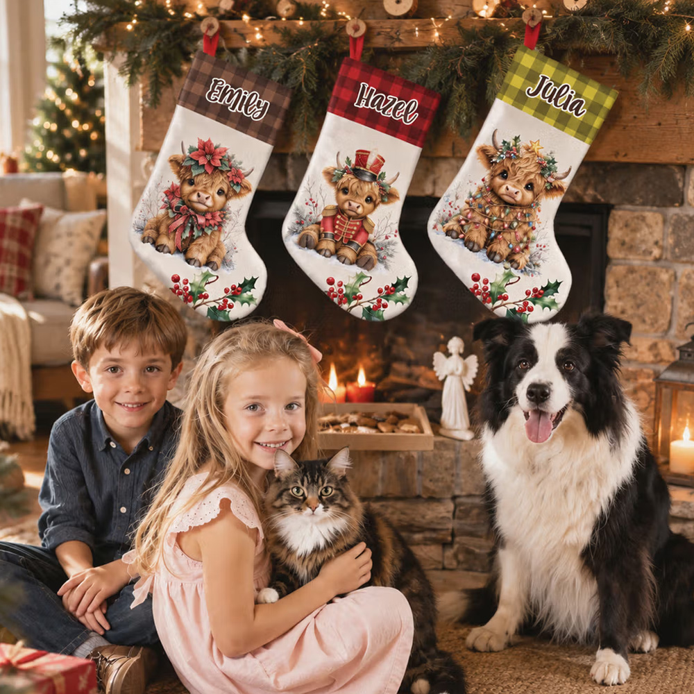 Personalized Cute Christmas Highland Cow Holly Plaid Christmas Stocking with Name Home Decor Christmas Holiday Gift for Kids Friends Family