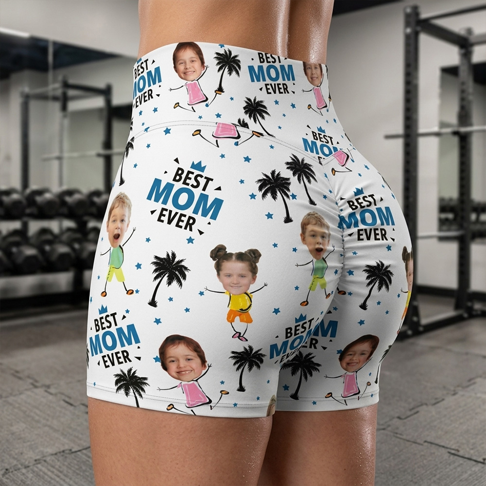 Personalized Best Mom Ever Custom Kids Face Print High Waisted Scrunch Butt Workout Shorts Mothers Day Gift Yoga Shorts