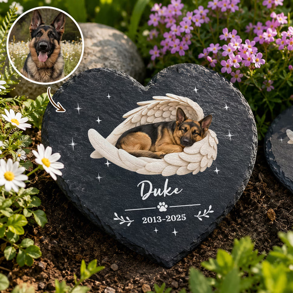 Personalized Angel Wing Pet Photo Round Heart-Shaped Garden Stone with Name and Year Garden Decor Memorial Gift for Dog Cat Owners