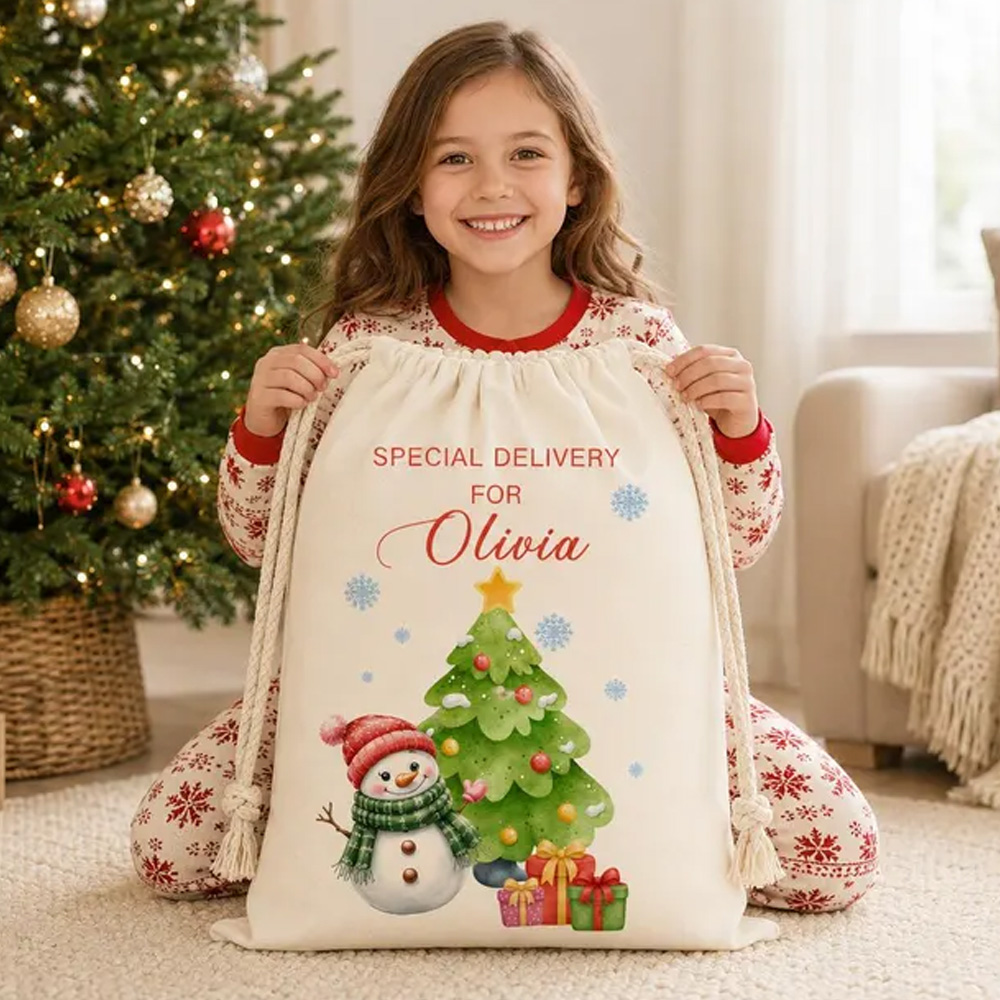 Personalized Christmas Tree Snowman Gift Sack Custom Name Large Santa Bag Reusable Holiday Present Storage Kids Christmas Bag
