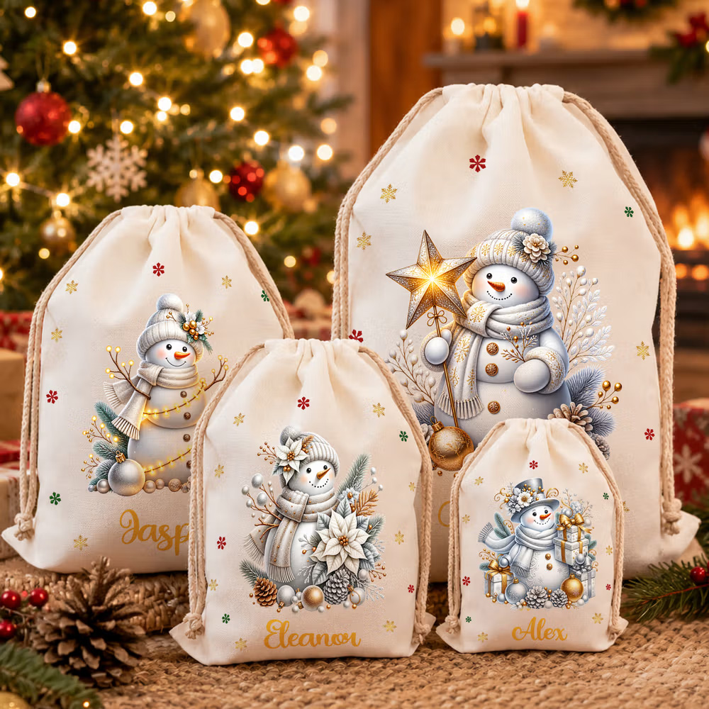 Personalized Cute Snowman Canvas Drawstring Gift Bag with Name Christmas Gift for Boys Girls