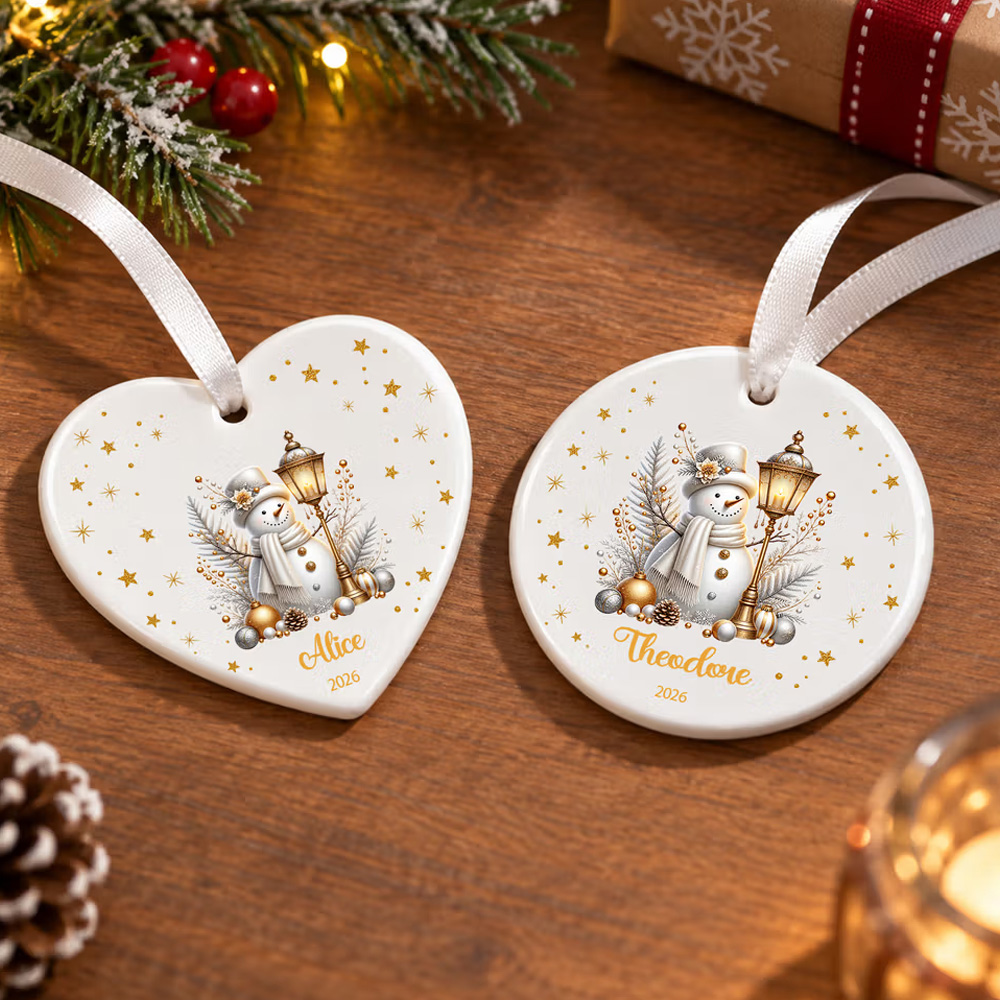 Personalized Christmas Theme Silver Snowman Star Heart Round Ceramic Ornament with Name and Year Christmas Holiday Gift for Family Friends