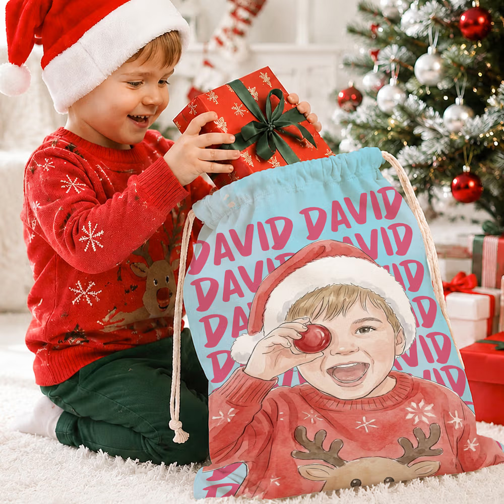 Personalized Watercolor Style Photo Canvas Drawstring Gift Bag with Name Christmas Eve Party Gift for Kids