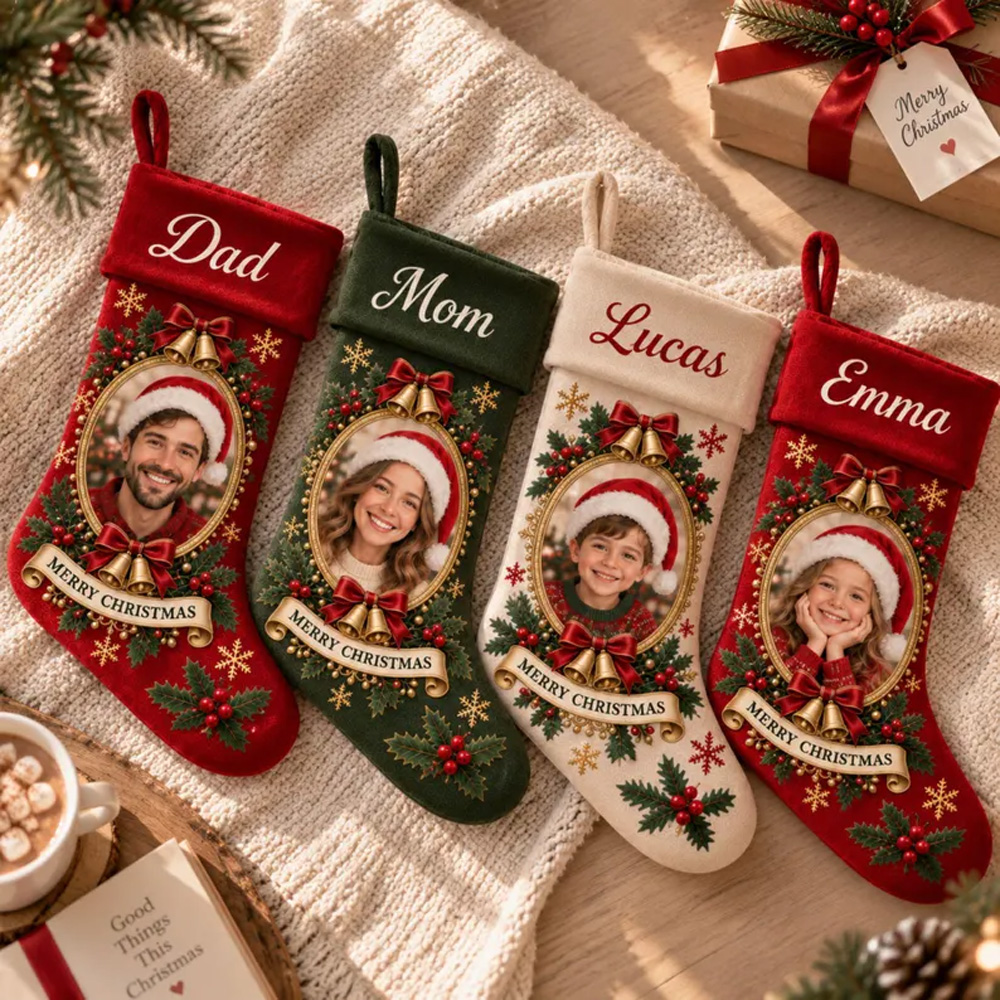 Personalized Christmas Photo Stockings Custom Family Name Holiday Fireplace Hanging Santa Sock Gift