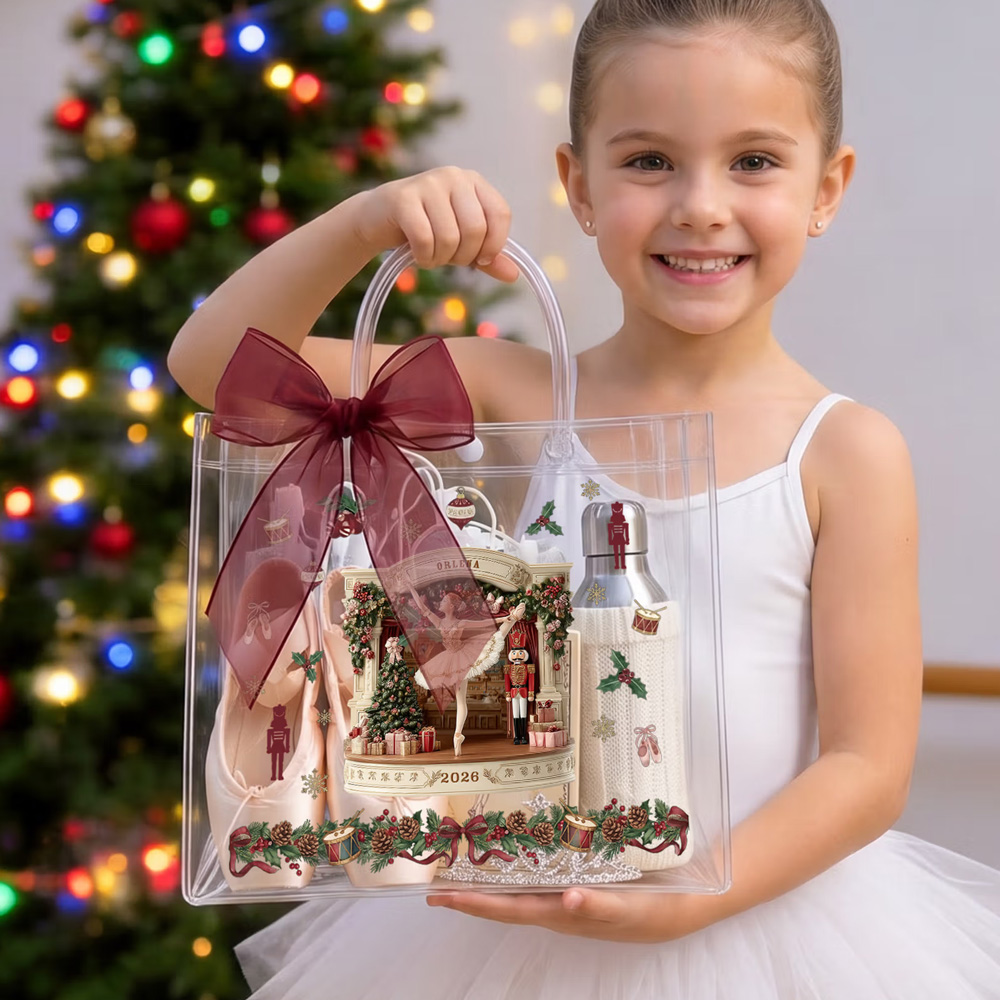 Personalized Name Year Nutcracker Ballerina Christmas Gift Bag with Burgundy Bow Ribbon PVC Clear Tote Bag, Christmas Gift for Ballet Lovers