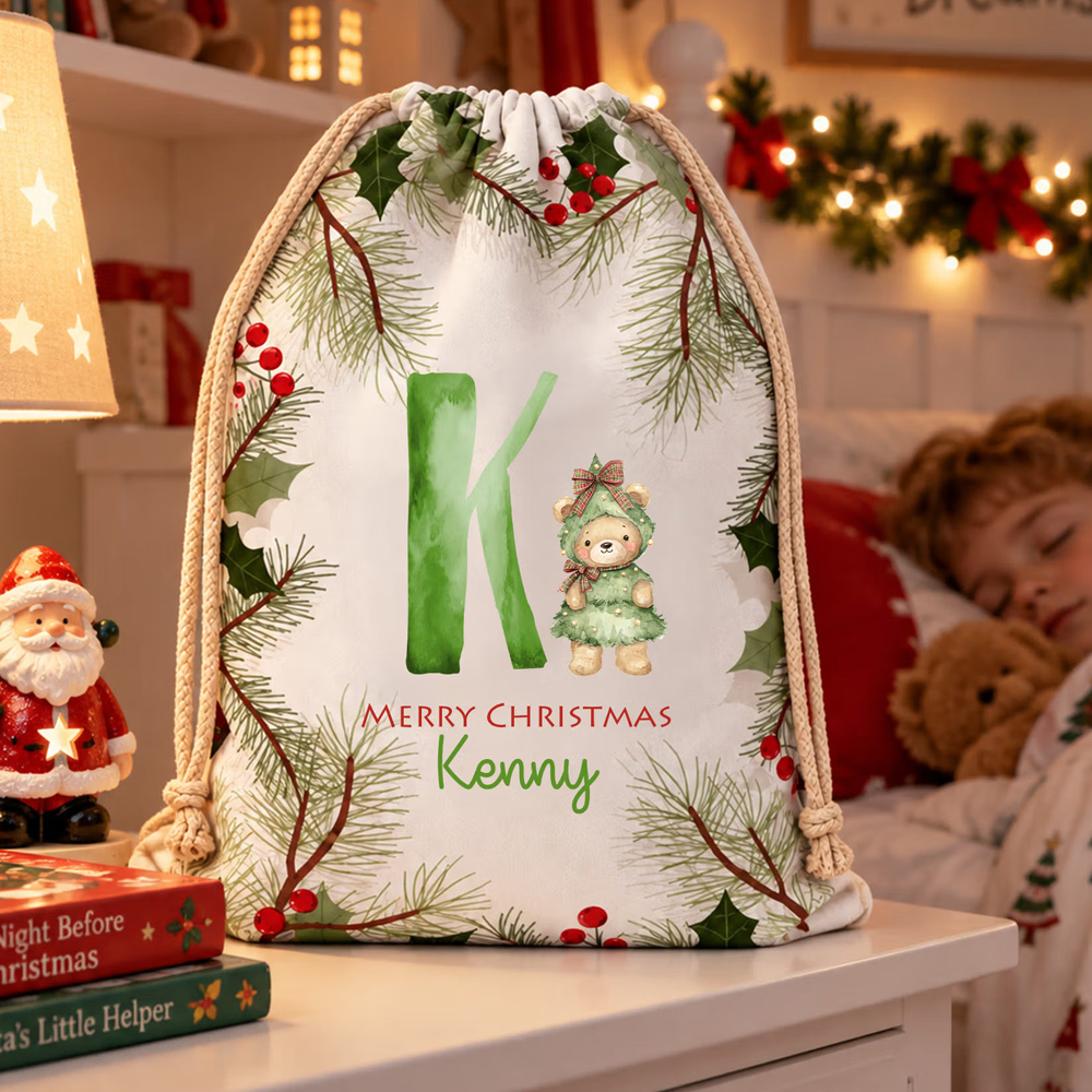 Personalized Name Initial Holly Christmas Teddy Bear Gift Bag Canvas Santa Sack with Drawstring Holiday Party Favor Christmas Gift for Kids