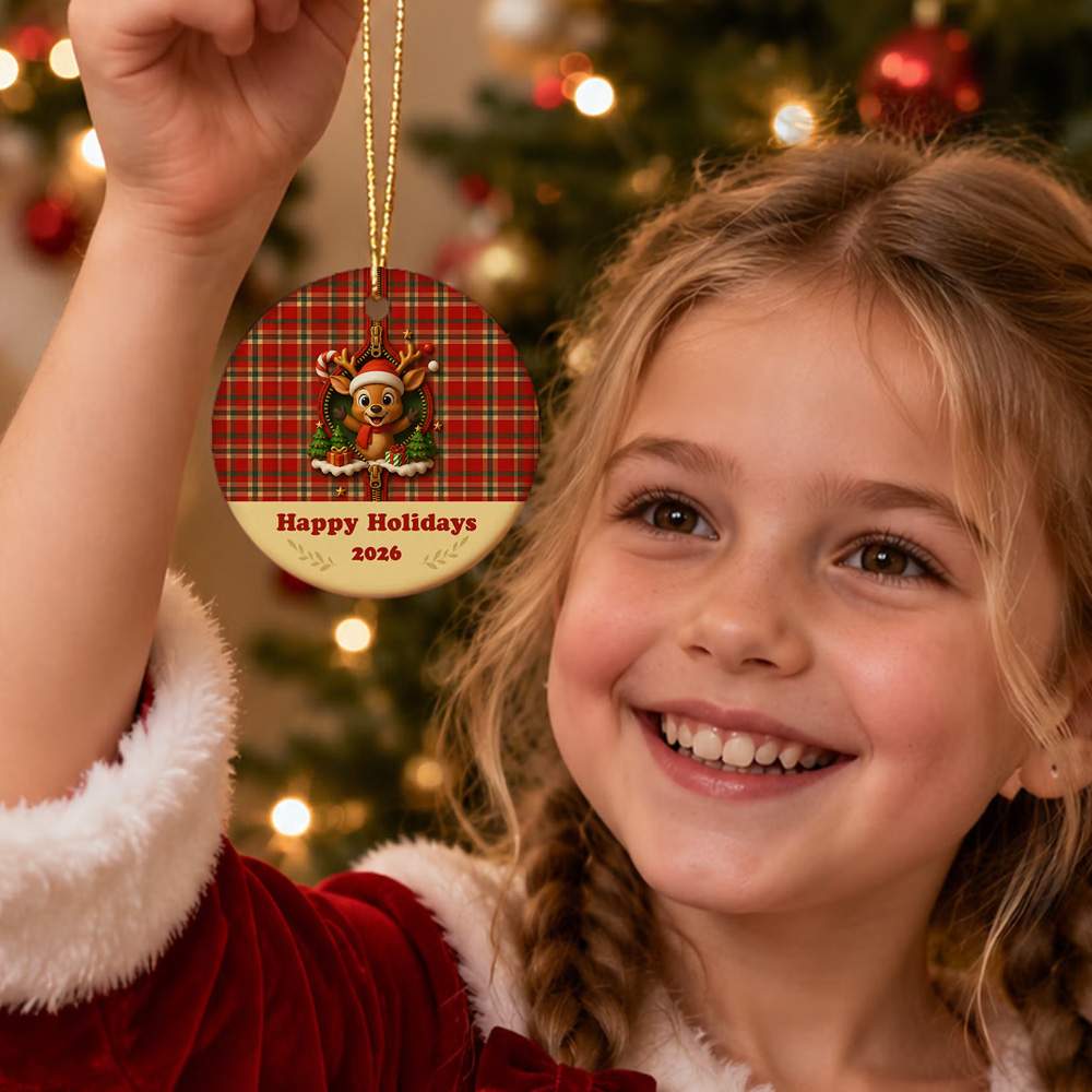 Personalized 3D Cartoon Zipper Christmas Character Plaid Ornament with Text Year Round Ceramic Holiday Tree Decor Christmas Gift for Kids Family