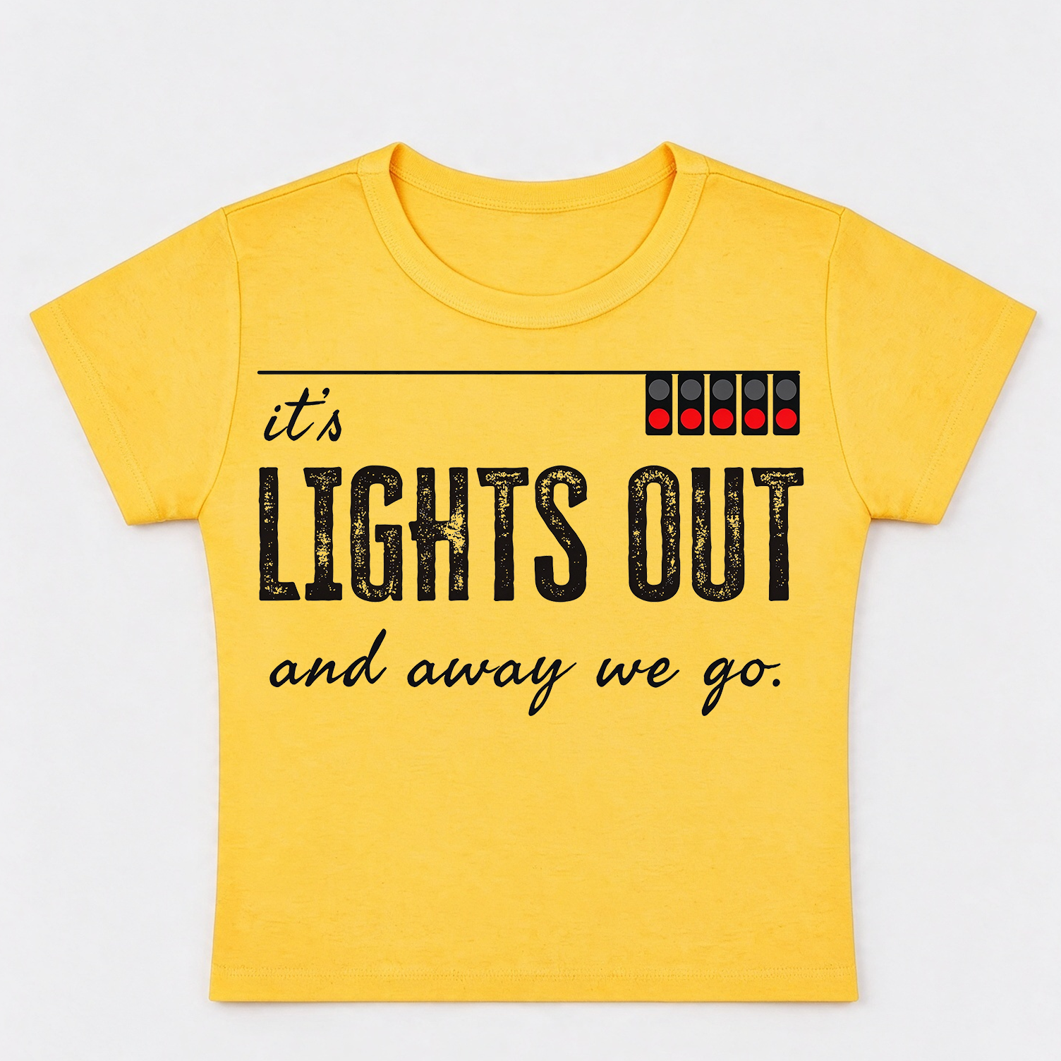 F1 It's Lights Out And Away We Go Baby Tee, Formula 1 Intro Quote Cropped T-shirt, Women’s Racing Crop Top, F1 Fan Gift