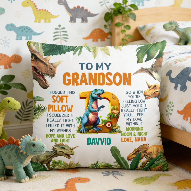 Personalized Cool Dinosaurs Soft Throw Pillow Cover with Name and Initial Home Decor Birthday Children's Day Gift for Kids