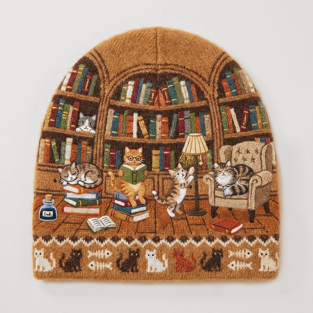 Personalized Cozy Library Cat Knit Beanie Book Filled Shelves Reading