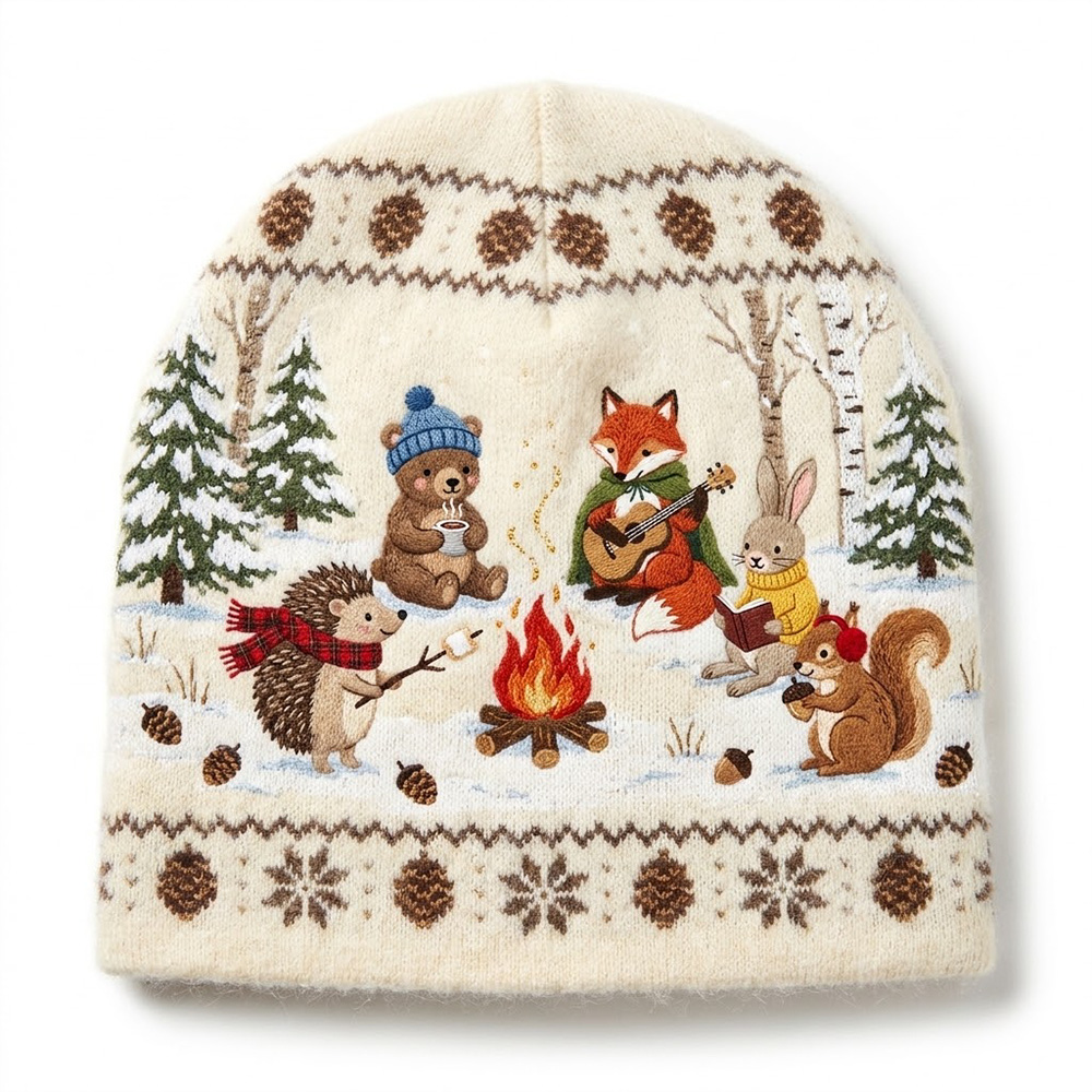 Personalized Woodland Campfire Knit Beanie Cute Forest Animal Snowflake Pattern Soft Plush Warm Winter Hat