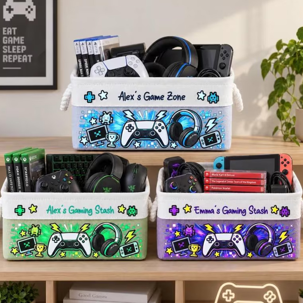 Personalized Gaming Box for Boys Girls Christmas Gift For Daughter Sons Custom Gaming Storage Basket Gaming Stuff Basket with Name 