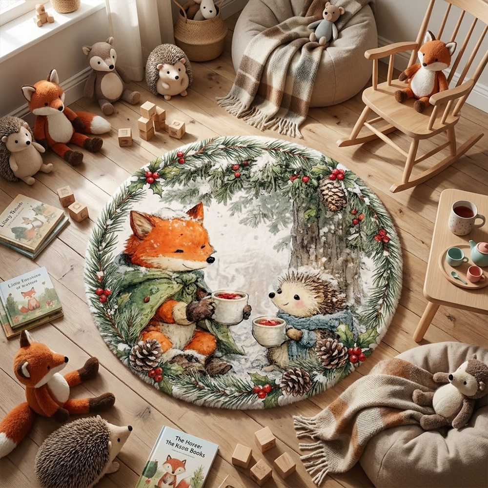 Personalized Woodland Animals Round Rug Cozy Animals Winter Scene Soft Play Mat For Nursery Kids Bedroom Rug