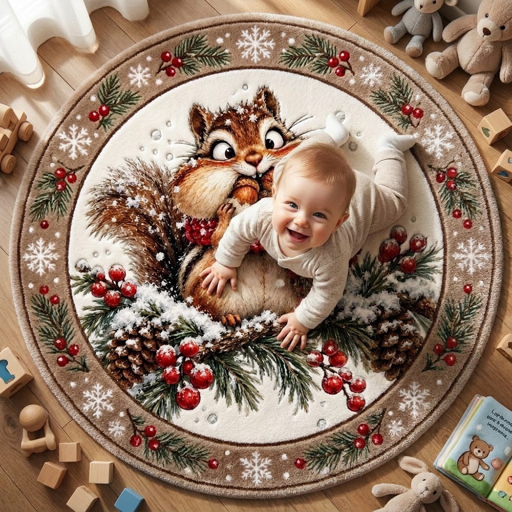 Personalized Christmas Animals Round Rug Cute Woodland Animal Snowflak