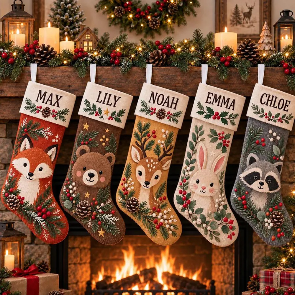 Personalized Christmas Stockings With Custom Name Woodland Animal Face Holiday Hanging Gift for Kids