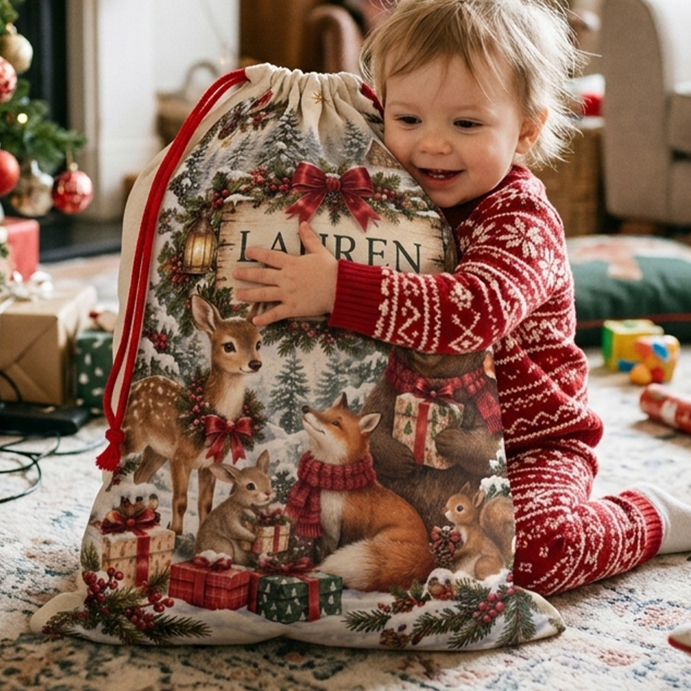 Personalized Christmas Santa Sack With Name Woodland Animals Winter Forest Holiday Gift Bag for Kids