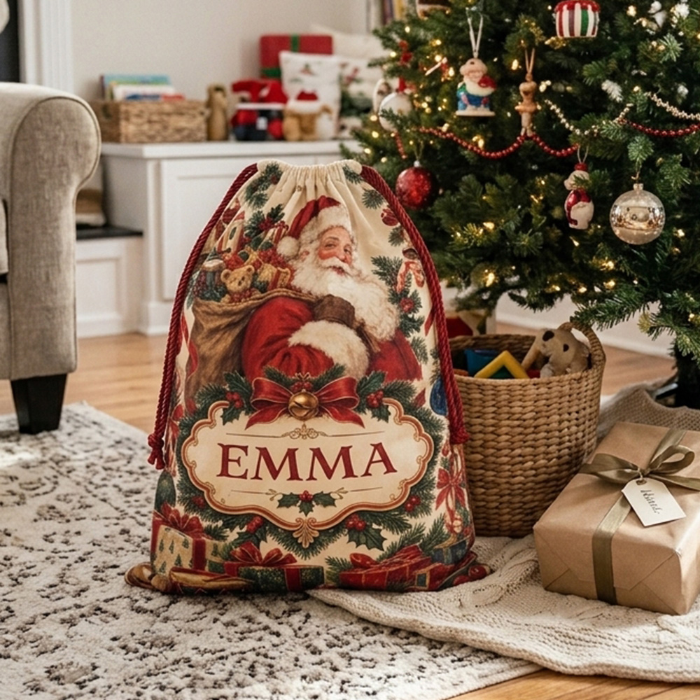 Personalized Christmas Santa Sack With Custom Name Vintage Santa Claus Portrait Holiday Gift Bag Kids