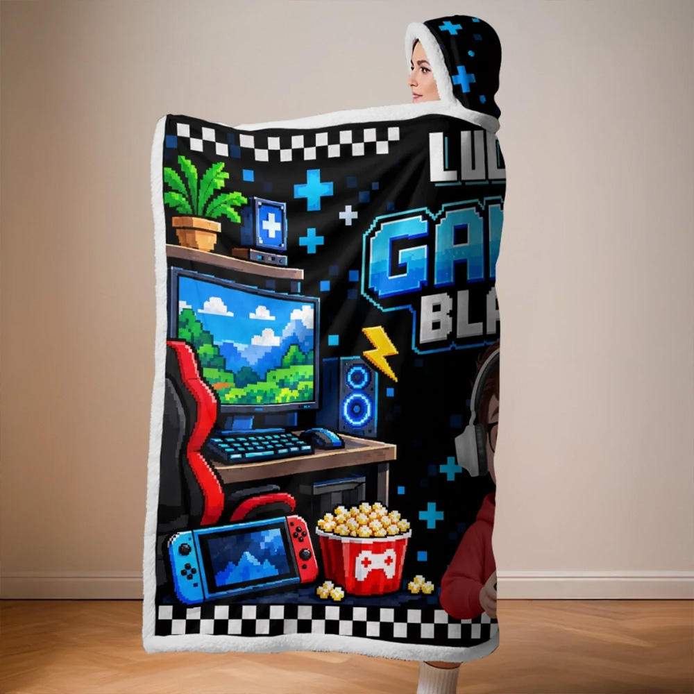 Personalized Wearable Blanket Hoodie Gaming Blanket Custom Name and Photo Gaming Gifts for Kids