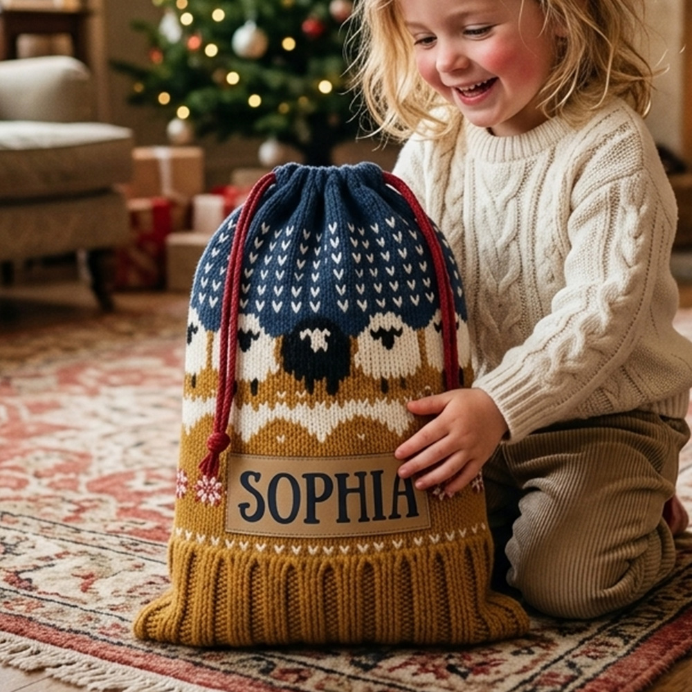 Personalized Flat printing Knitted Christmas Santa Sack With Custom Name Sheep Fair Isle Holiday Gift Bag for Kids