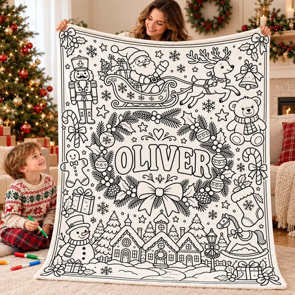 Personalized Christmas Coloring Blanket Custom Name Kids Holiday Activity Gift Family Keepsake