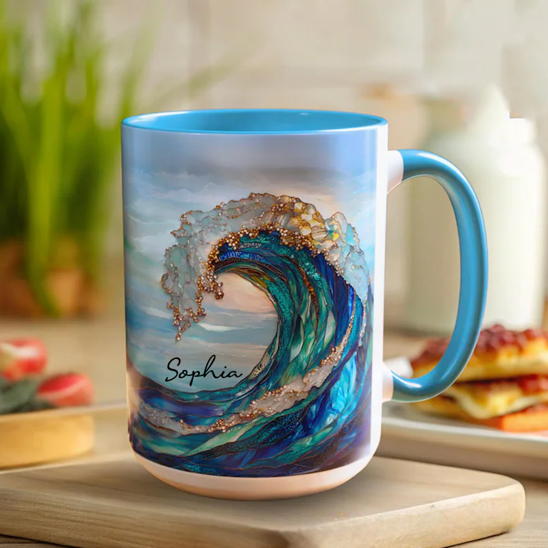 Personalized Ocean Waves Stained Glass Print Coffee Mug with Name Romantic Pastel Coffee Cup Birthday Gift 