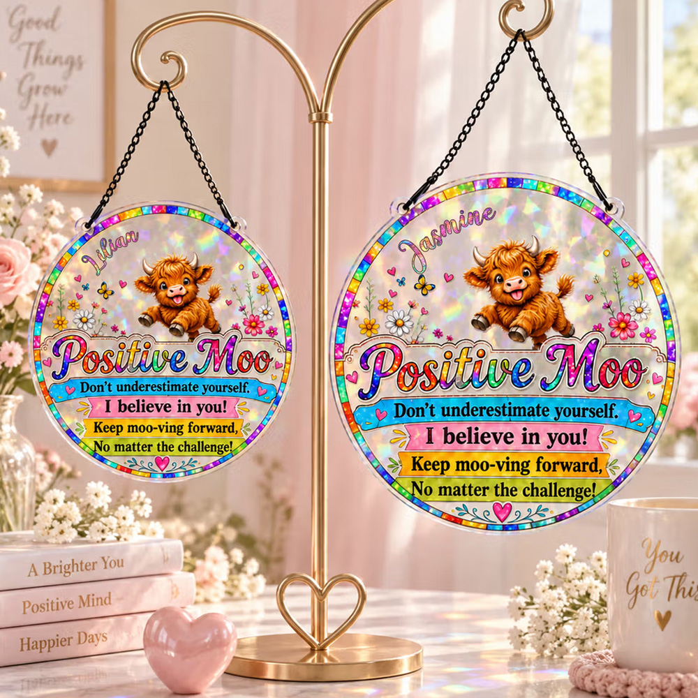Personalized Colorful Highland Cow Positive Moo Floral Butterfly Sun Catcher with Name Birthday Housewarming Encouragement Gift for Women Friends