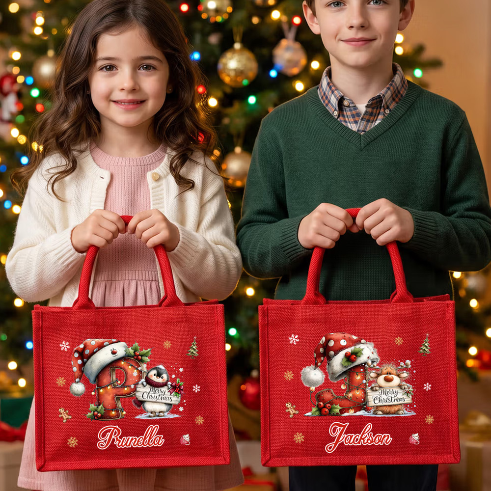 Personalized Cute Christmas Animal Santa Hat Reusable Red Linen Tote Gift Bag with Initial and Name Christmas Party Gift for Family Kids