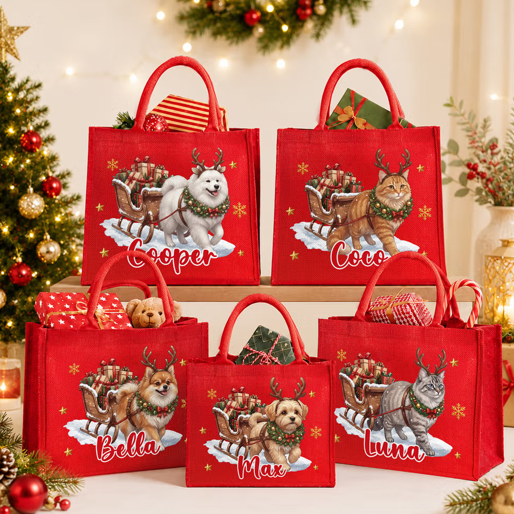 Personalized Cute Pet Photo Christmas Elk Antlers Large Capacity Red Jute Tote Bag with Name Christmas Party Gift for Kids Pet Lovers