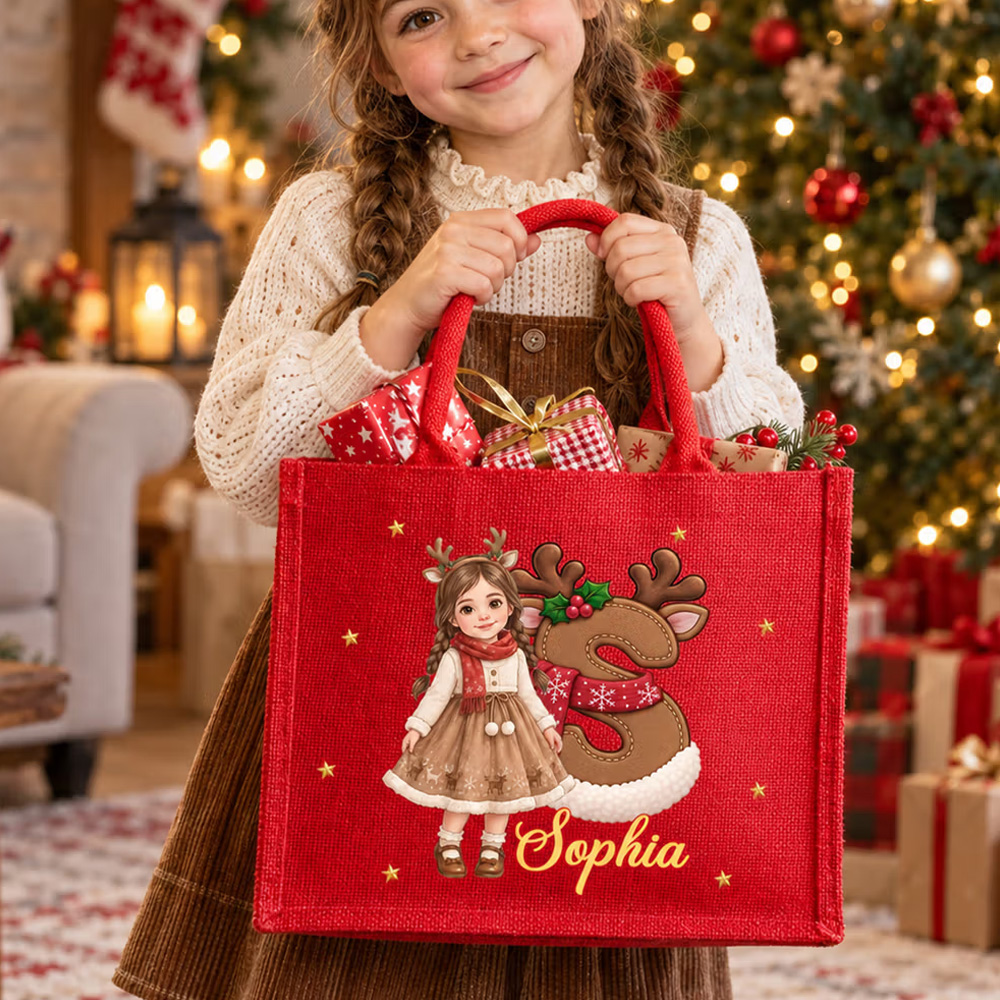 Personalized Cartoon Christmas Style 3D Character Photo Burlap Tote Bags with Name Christmas Eve Gift for Kids Girls Boys