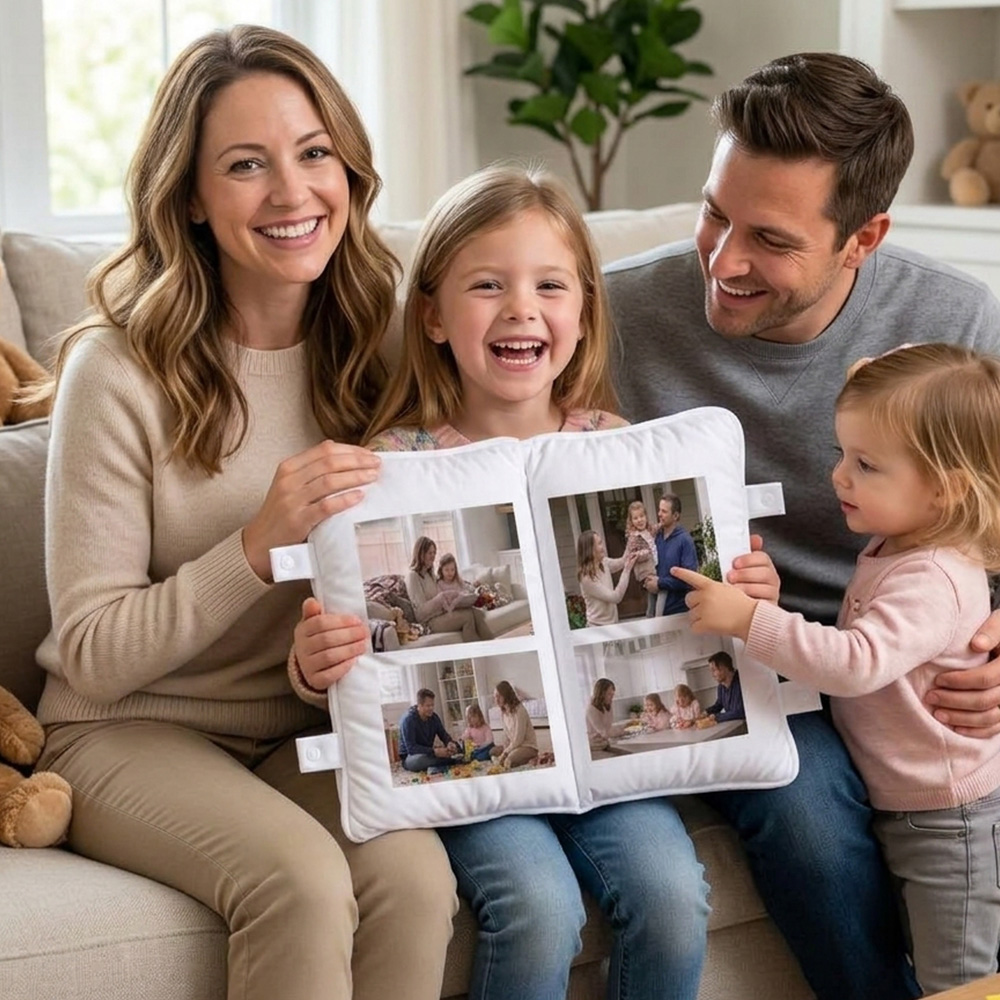 Personalized Family Portrait Book-Shaped Throw Pillow Custom Cartoon Family Photo Drawing Openable Plush Photo Keepsake Gift