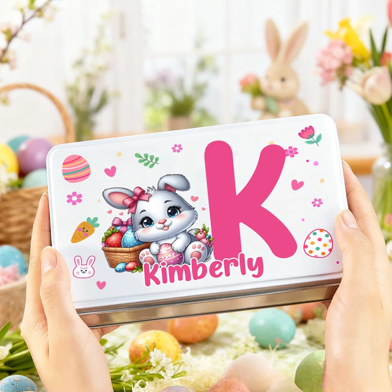 Personalized Cartoon Bunny Easter Eggs Food Grade Metal Biscuit Tin Storage Box with Name Easter Holiday Gift for Family Kids