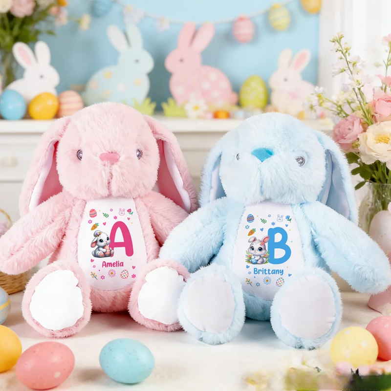 Personalized Cute Peter Rabbit Plush Easter Bunny Stuffed Toy with Initial and Name Easter Birthday Gift for Kids