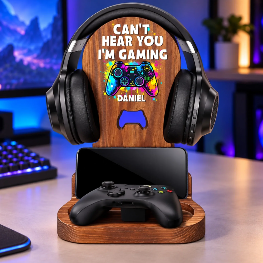 Personalized Wooden Headset Stand Custom Name Gaming Gifts for Gamers