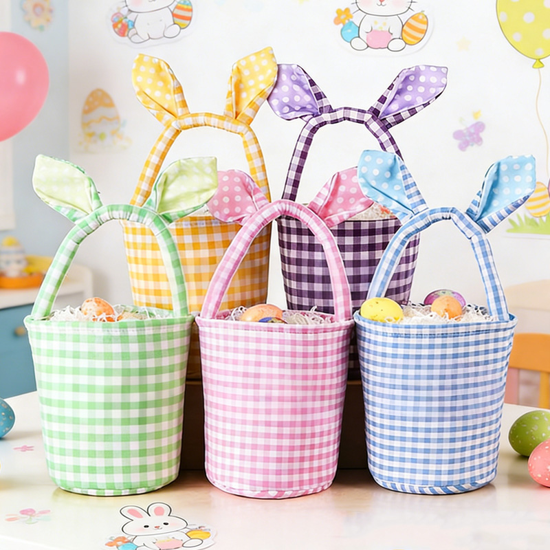 Personalized Easter Bunny Theme Name Gingham Fabric Basket with Ears Kids Egg Hunt Gift Tote Spring Storage Basket