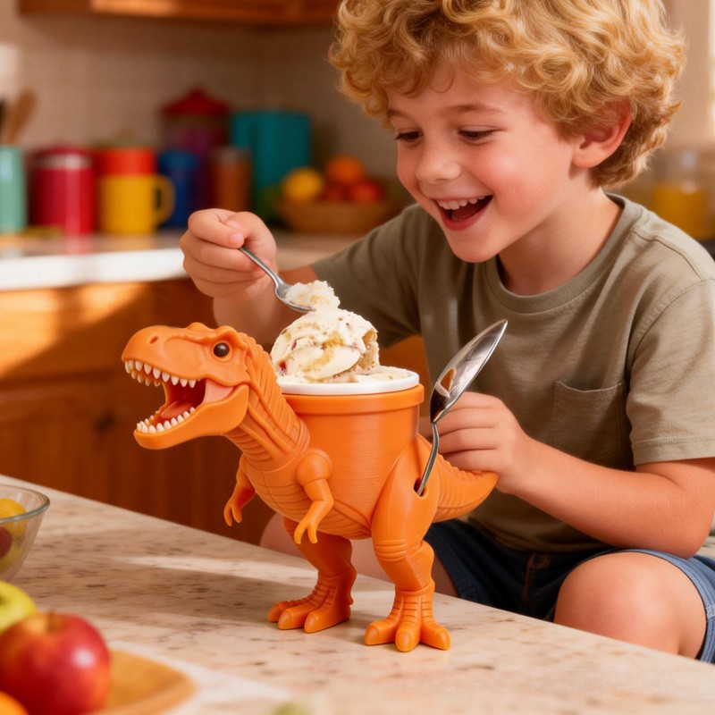 Dinosaur Theme Cool Orange T Rex Ice Cream Holder 3D Printed Cozy with Spoon Slot