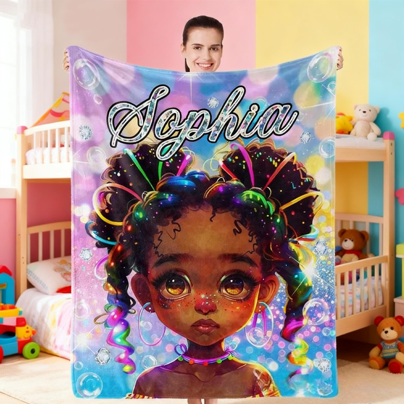 Personalized Afro Girl Fleece Soft Throw Blanket with Name Birthday Gift for Children Girls