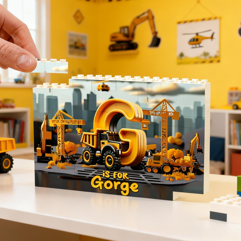 Personalized Construction Vehicles Letters Kid Double Sided Horizontal Rectangle Building Brick Blocks