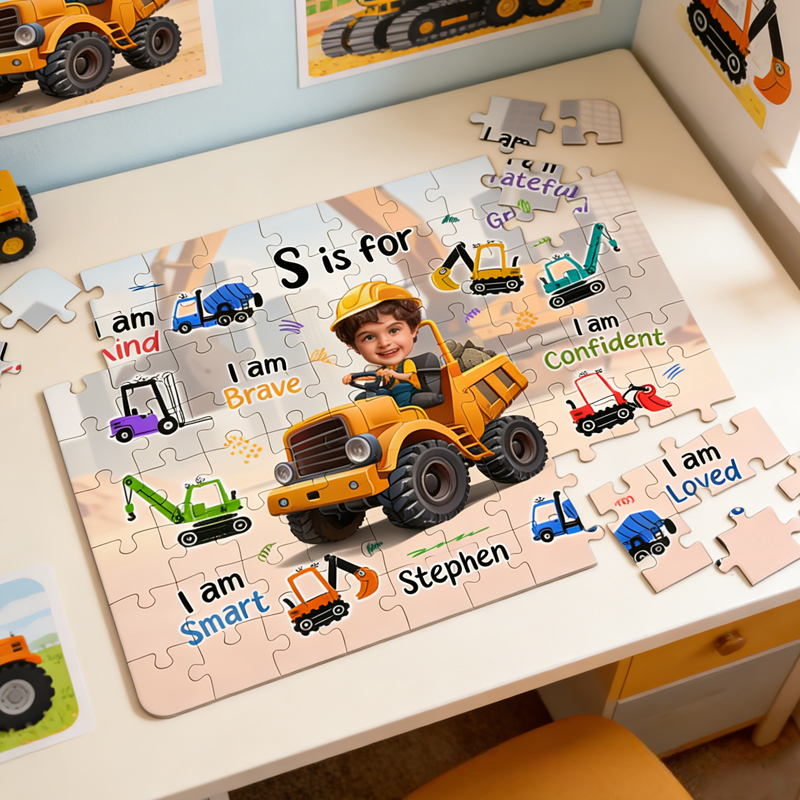 Personalized Little Boy Construction Truck Board Game Photo Jigsaw Puzzle Gift for Sons Kids 