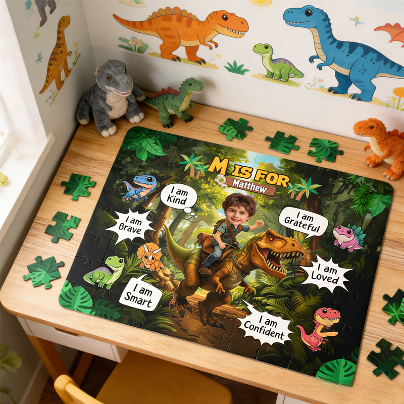 Personalized Little Boy Riding Dinosaur I Am Kind I Am Brave Photo Jigsaw Puzzle