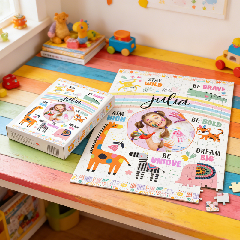 Personalized Stay Wild Affirmations for Kids With Safari Animals Photo Jigsaw Puzzle
