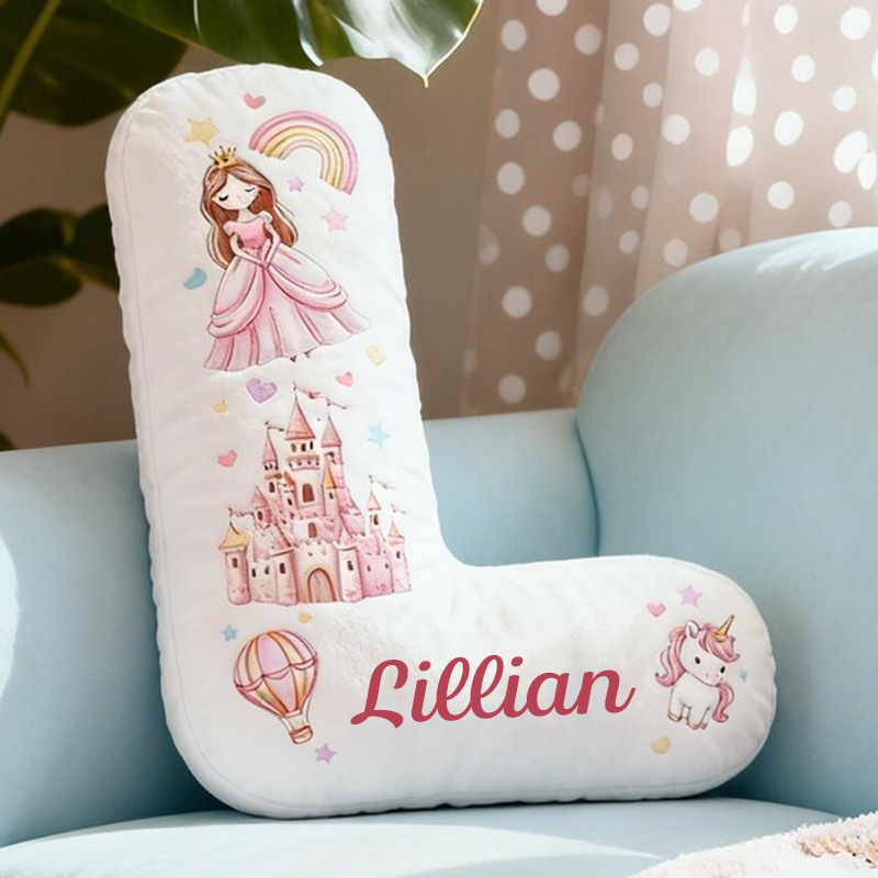 Personalized Princess Letter Name Custom Soft Decorative Gift Castle Dreamy Horse Style Cute Dream Lovely Fairy Tale Cozy Bedroom Playroom Magical Rainbow Heart Graphic 3D Print Pillow