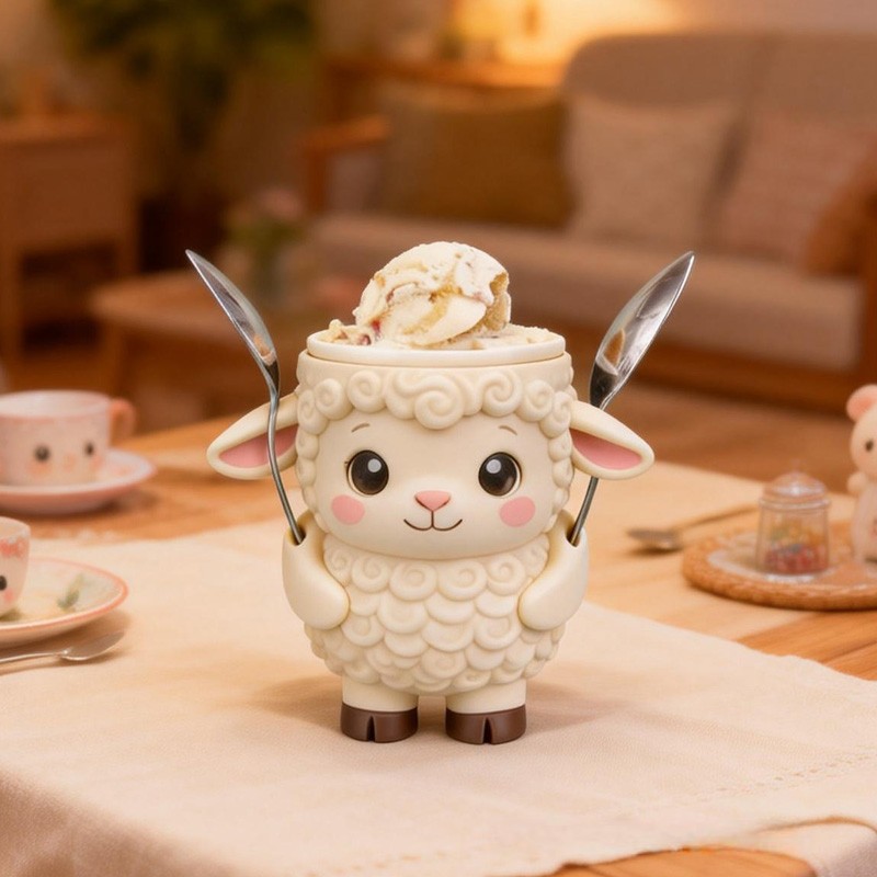Kids Theme Custom Name Lovely White Lamb Ice Cream Cup Support 3D Printed Cozy with Spoon Slot